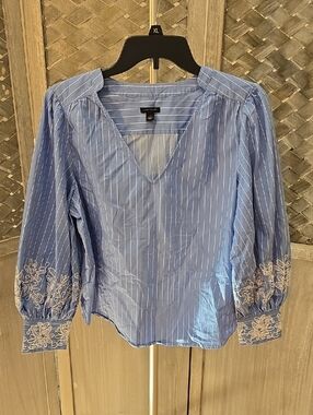 Ann Taylor Blue Pinstripe V-Neck Blouse with Embroidered Cuffs